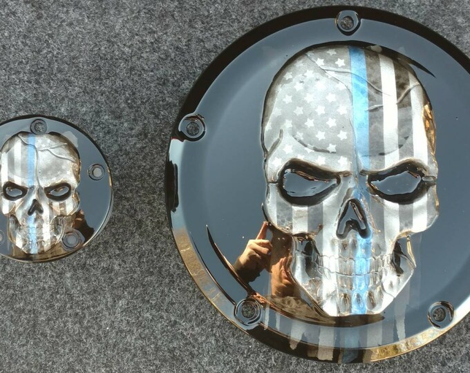Harley Davidson points timing cover with 3D skull with a Thin Blue Line tattered American flag high gloss black background