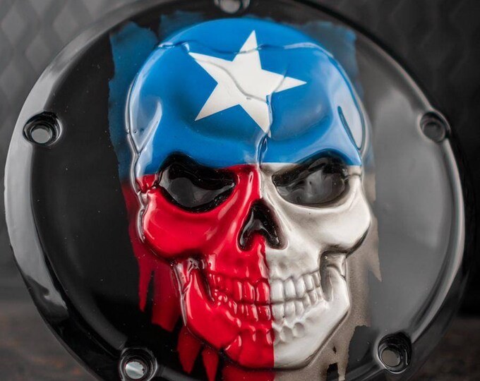 3D skull with tattered Texas flag on a Harley-Davidson clutch derby cover
