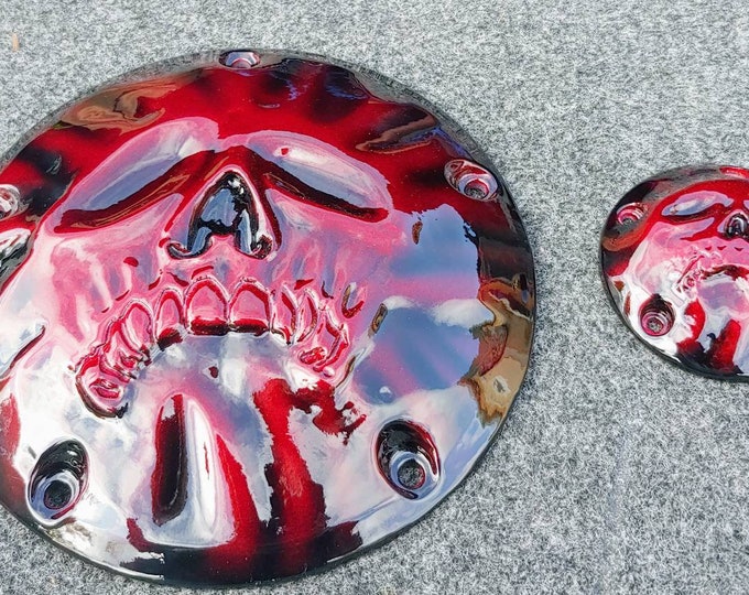 Harley Davidson points timing cover and derby cover with skull stretching through
