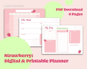 Strawberry Planner & Notes Set Instant PDF Download for Month, Week, and Day | Printable or Digital iPad Planner
