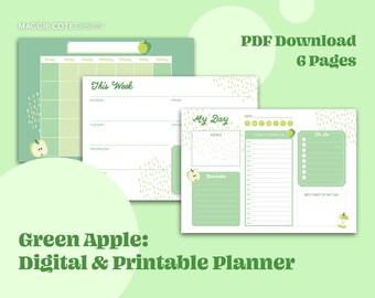 Green Apple Planner & Notes Set Instant PDF Download for Month, Week, and Day | Printable or Digital iPad Planner