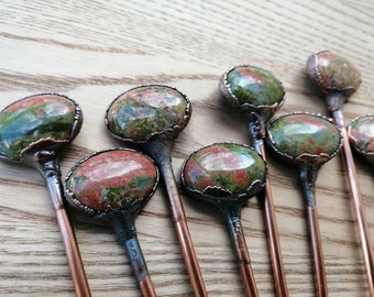 Unakite Oval Hair Sticks, Unikite Hair Pin, Copper Electroformed Hair Stick, Bridal Hair Stick, Rustic Hair Accessories, Thick Hair Pins