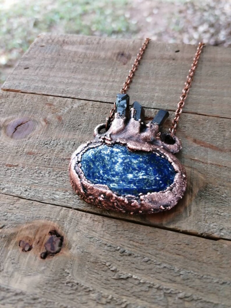 Lapis Lazuli with Smoky Quartz Points Pendant Copper Electroformed Jewelry