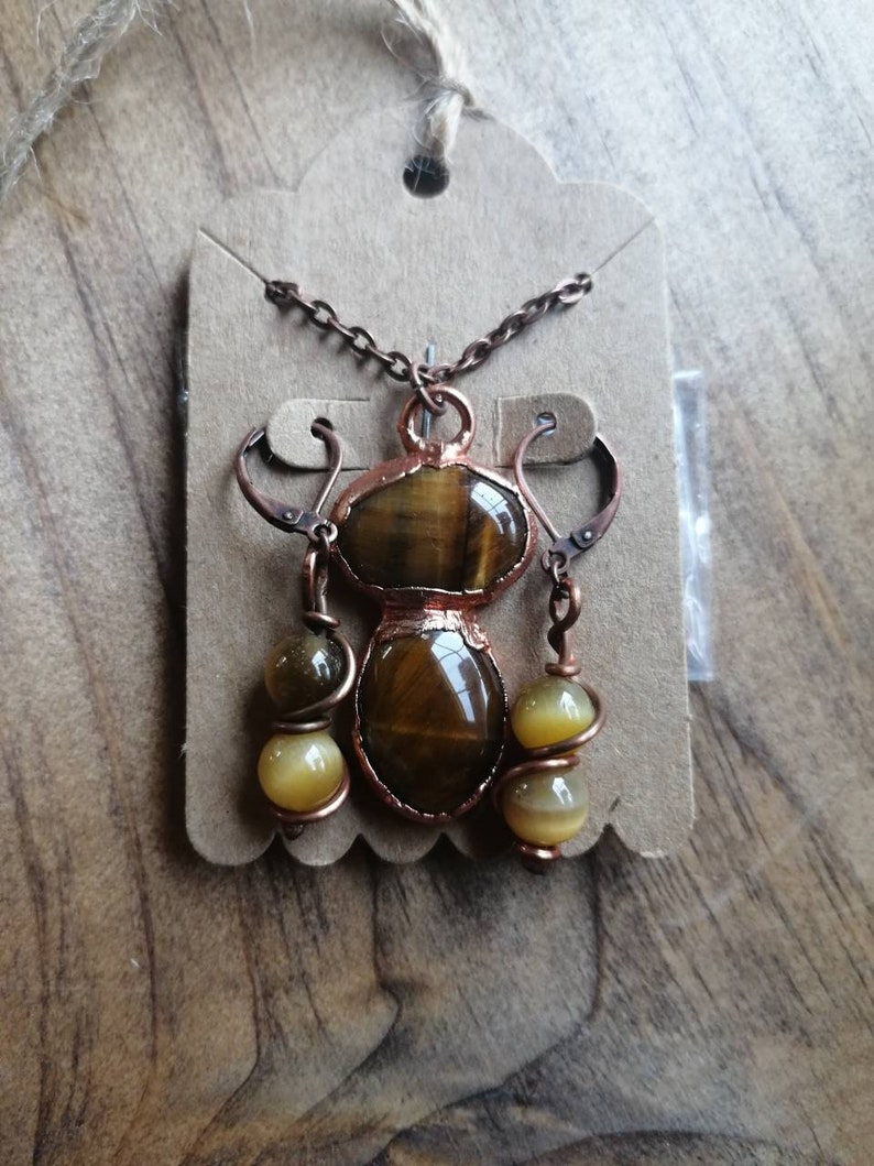 Tiger's Eye Jewelry Set, Tiger's Eye Pendant and Earrings Set, Copper Electroformed Jewelry, Wire Wrapped Jewelry image 6