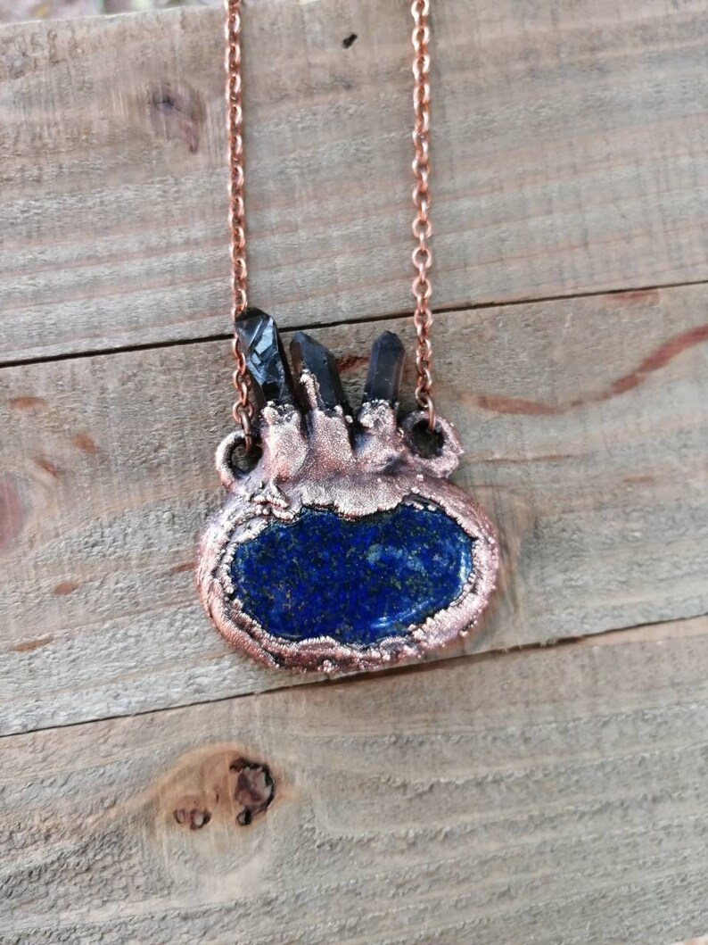 Lapis Lazuli with Smoky Quartz Points Pendant Copper Electroformed Jewelry