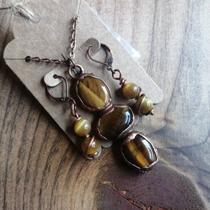 Tiger's Eye Jewelry Set, Tiger's Eye Pendant and Earrings Set, Copper Electroformed Jewelry, Wire Wrapped Jewelry Style 2