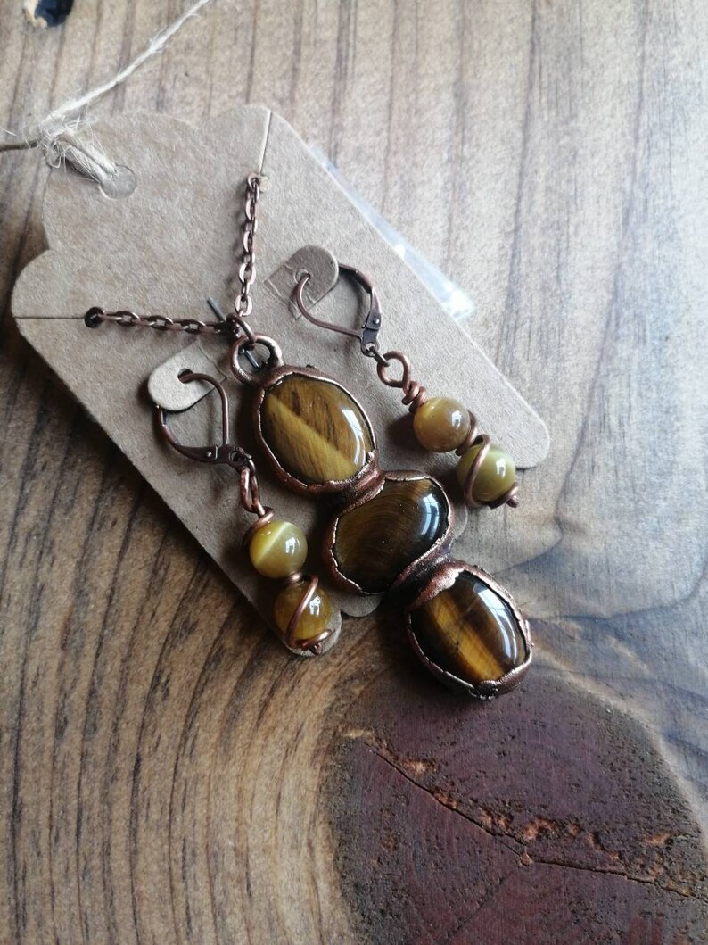 Tiger's Eye Jewelry Set, Tiger's Eye Pendant and Earrings Set, Copper Electroformed Jewelry, Wire Wrapped Jewelry Style 2