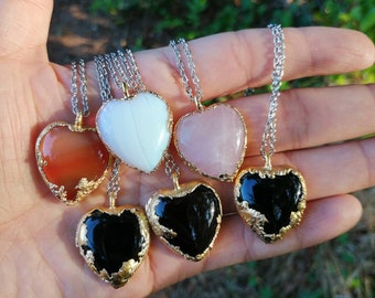 Gold Plated Electroformed Heart Necklace, Rose Quartz, Banded Agate, Onyx, Opalite
