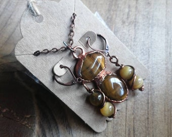 Tiger's Eye Jewelry Set, Tiger's Eye Pendant and Earrings Set, Copper Electroformed Jewelry, Wire Wrapped Jewelry