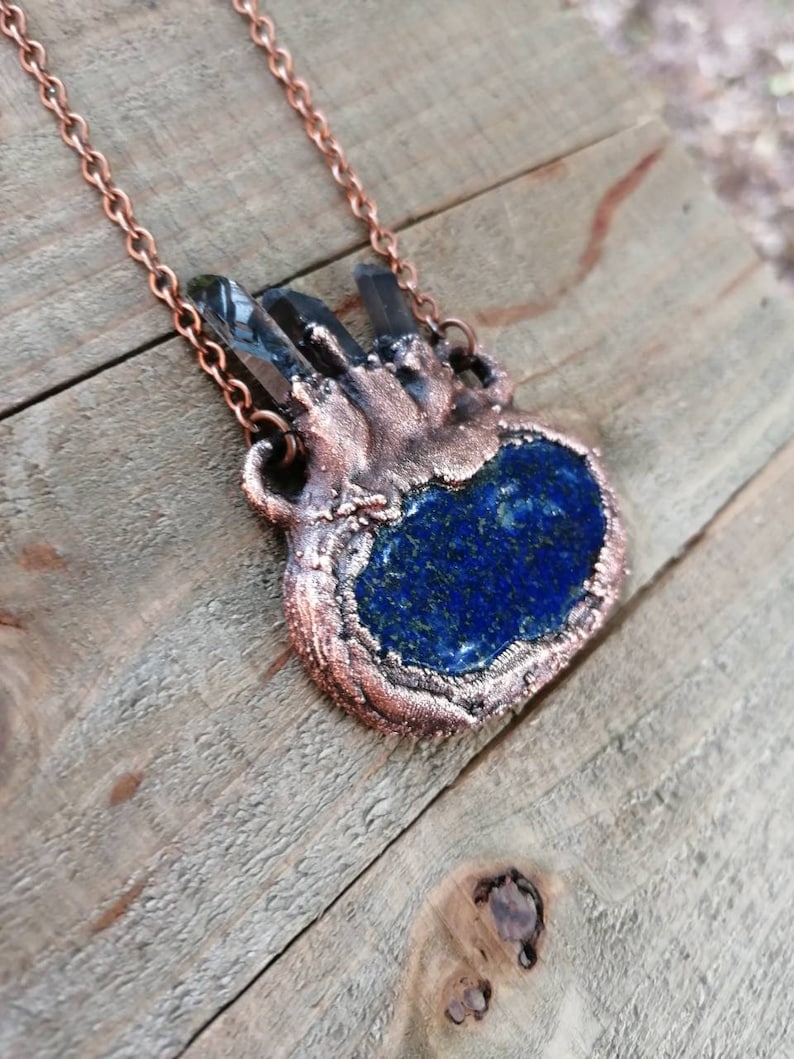 Lapis Lazuli with Smoky Quartz Points Pendant Copper Electroformed Jewelry