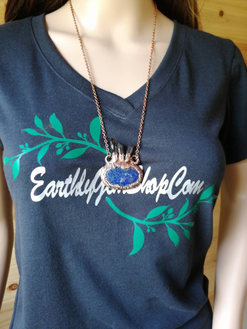 Lapis Lazuli with Smoky Quartz Points Pendant Copper Electroformed Jewelry