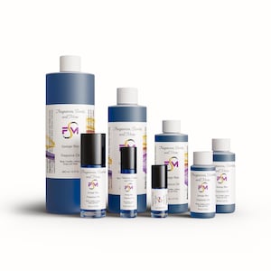 May include: Five bottles of blue fragrance oil in various sizes. The bottles are labeled "Fragrances, Scents and More" and "Savage Man".