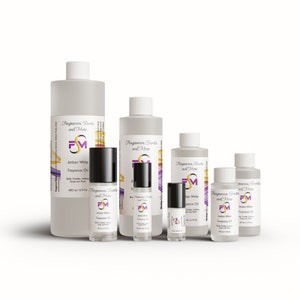 May include: A collection of amber white fragrance oil bottles and roll-ons. The bottles are various sizes, with white labels and lids. The text "Fragrances, Scents and More" and "Amber White Fragrance Oil" are visible on the labels.