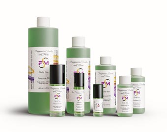 May include: Five bottles of fragrance oil in various sizes. The bottles are green and have a white label with the text "Fragrances, Scents and More" and a logo. The largest bottle is 4 fl oz and the smallest is 1/3 fl oz. The fragrance oil is labeled "Guilty Man".