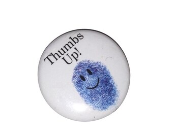 Vintage Thumbs Up! Pinback Button- White with Blue Thumb Print