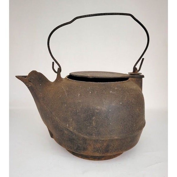 Vintage Cast Iron Kettle with Handle and Lid - some patina , see photos for best depiction -