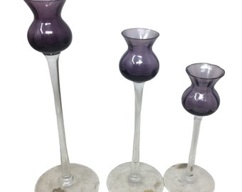 Vintage Set of 3 Tall Hand Blown Crystal Glass Purple/Clear Vases/candle holders Hovmantorp Sweden