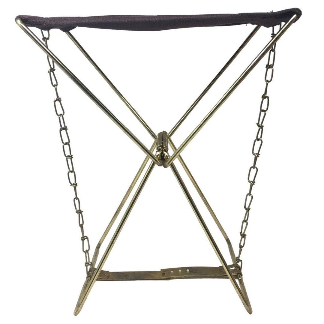 Vintage Camping Stool Portable Brown Canvas & Metal Chair Folds up for