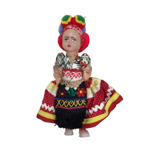 Vintage Collectible Hungarian Doll wearing Traditional Costume/Pompom Headdress/Apron