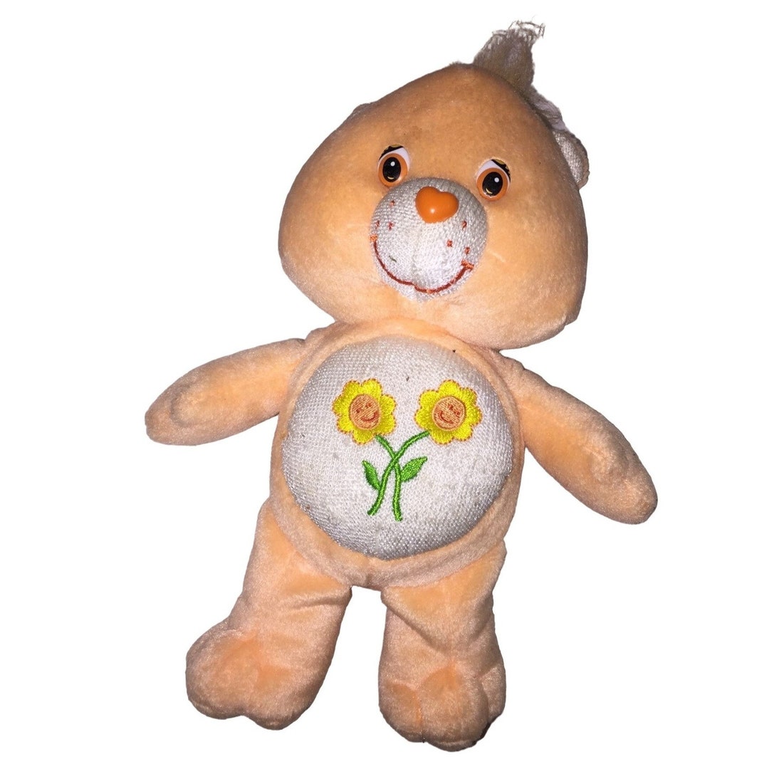 Care Bears Friendship Bear Plush Orange Bear With 2 Yellow Flowers on Belly Sweet Smile Vintage