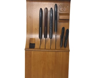 Vintage Flint Stainless Vanadium Six Piece Cutlery Set W/ Wood Storage Block