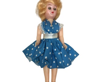 Vintage Collectible Doll Blonde Hair, Blue Eyes Wearing Blue/White Polka Dotted Dress