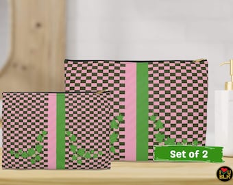 Pink and Green Cosmetics Bag | Pouch Travel Accessory | Checkered Ivies Vine and Preppy Stripes | Sorority Gifts for Her