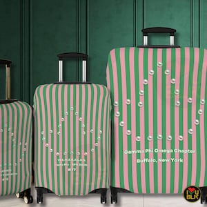 Divine Nine themed pink and green sorority personalized luggage covers. Shown in three sizes Small, Medium, and Large. Luggage covers are striped in pink and green and feature an ivy leaf shape formed by pearls on the front side. Personalized text is printed under the ivy leaf. The three suitcases are lined up in the photo from smallest to largest and are in front of a green paneled wall. The covers were designed to be used by members of Alpha Kappa Alpha.