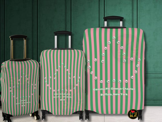 Sorority Luggage Cover Pink Green Pearls | Pretty Suitcase Protector | Personalized Gift D9 Greek Women | Soror Reunion Travel Paraphernalia