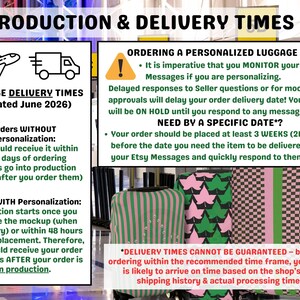 May include: An informational graphic titled PRODUCTION & DELIVERY TIMES featuring text about order processing, personalized luggage cover requirements, and delivery estimates. Three suitcases with striped, leaf, and checkered patterns are visible.
