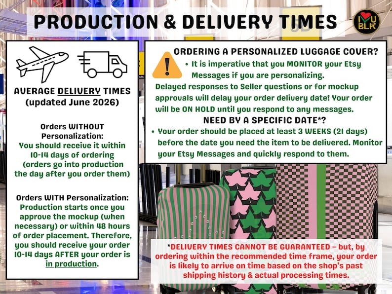 May include: An informational graphic titled PRODUCTION & DELIVERY TIMES featuring text about order processing, personalized luggage cover requirements, and delivery estimates. Three suitcases with striped, leaf, and checkered patterns are visible.