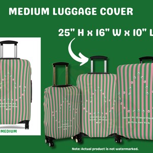 May include: A medium luggage cover featuring vertical pink and green stripes with a white pearl-like triangular graphic. The text reads MEDIUM LUGGAGE COVER, 25 H x 16 W x 10 L, I LOVE BLK, and specific chapter details in white text.
