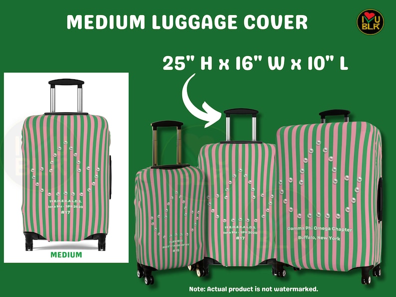 May include: A medium luggage cover featuring vertical pink and green stripes with a white pearl-like triangular graphic. The text reads MEDIUM LUGGAGE COVER, 25 H x 16 W x 10 L, I LOVE BLK, and specific chapter details in white text.