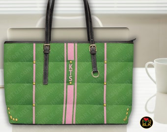 Green Sorority Initial Handbag | Personalized Soror Convention Bag | Custom Shoulder Carryall w/ Pink | Vegan Leather Office Work Purse