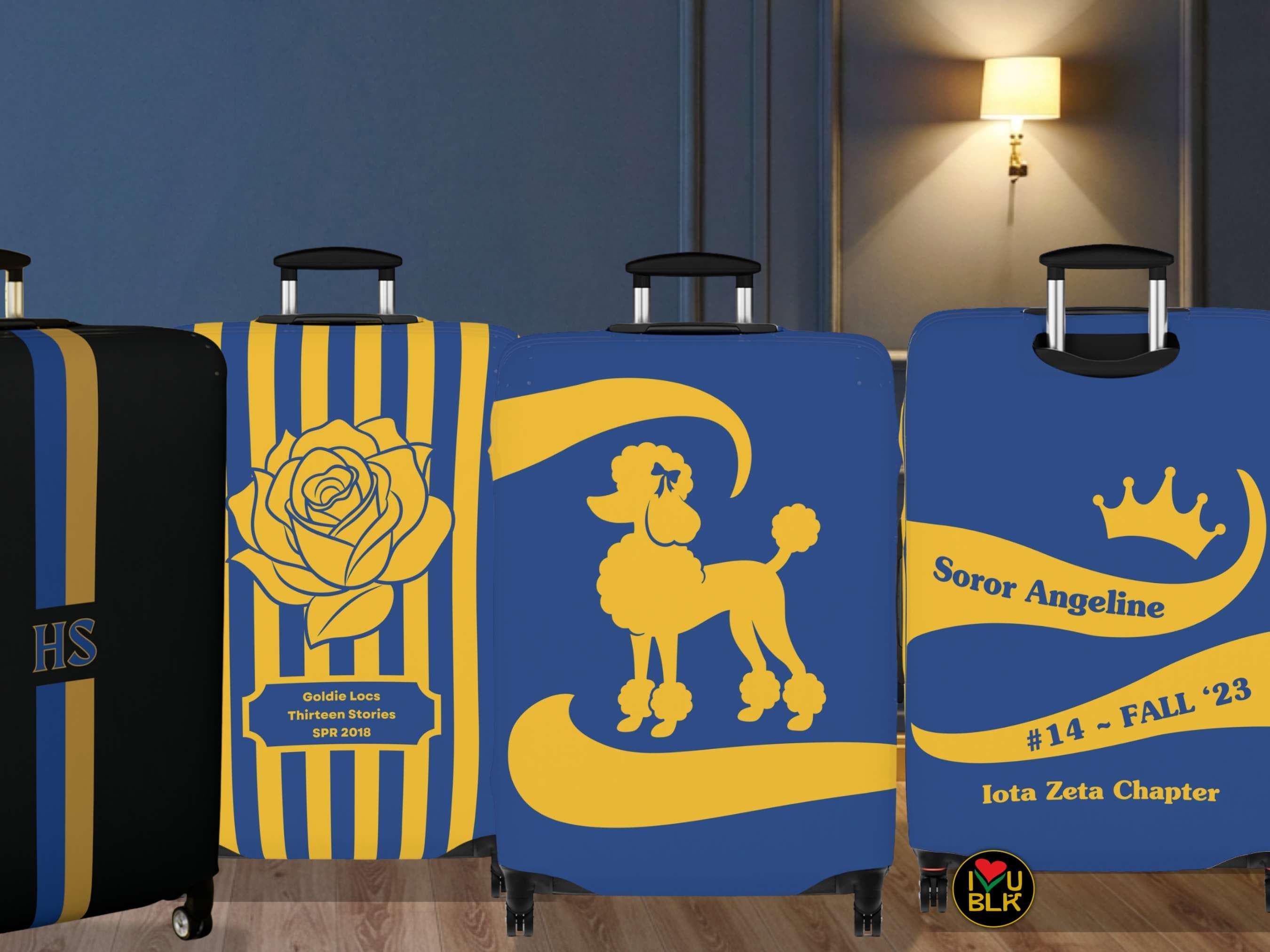 Blue & Yellow Luggage Cover Pretty Rhoyal Poodle Suitcase Protector Sorority Rose Motif Travel Gift Gold Crown Custom Name Accessory