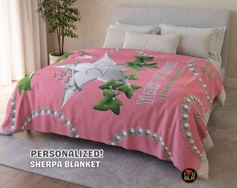 Sorority Silver Anniversary Celebration Sherpa Blanket | Pink Green Fleece Bedding | Personalized Soror Line Sister Gift | Pearl Ivies Rose