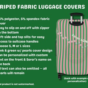 May include: A striped fabric luggage cover featuring vertical pink and green stripes with a diagonal string of white pearls. The cover includes a top handle opening and the text Soror LONDON printed on the front. It is made of 95% polyester and 5% spandex.