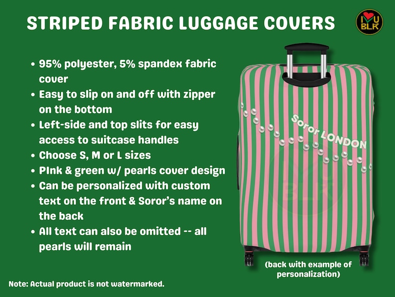 May include: A striped fabric luggage cover featuring vertical pink and green stripes with a diagonal string of white pearls. The cover includes a top handle opening and the text Soror LONDON printed on the front. It is made of 95% polyester and 5% spandex.