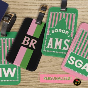 Pink & Green Sorority Luggage Tag | Pearls Ivy | Personalized Initials | Greek Letter Org Pretty Travel Gifts | Soror Suitcase Accessory