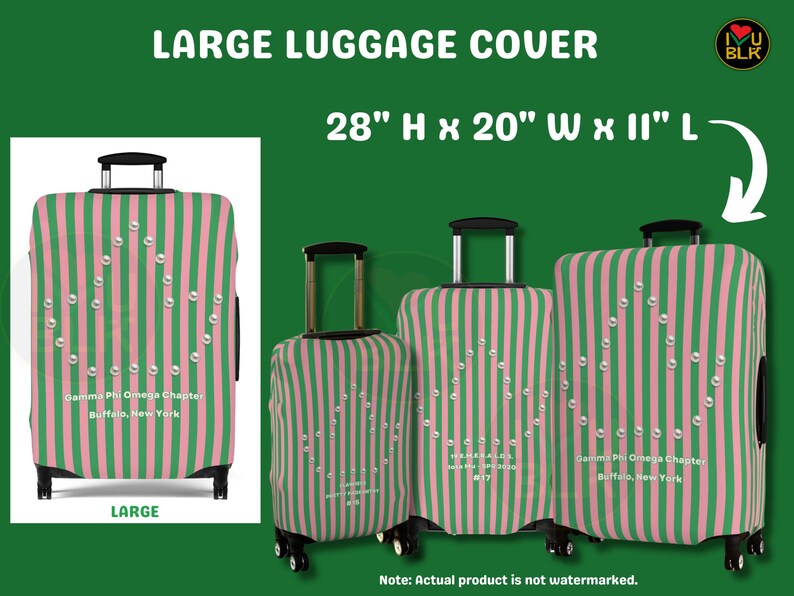 May include: A large luggage cover featuring vertical pink and green stripes with a pearl-like triangular design. The text reads Gamma Phi Omega Chapter, Buffalo, New York. The dimensions are 28 inches high, 20 inches wide, and 11 inches long.