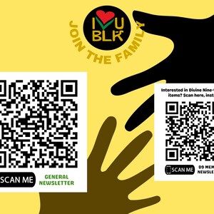 Newsletter sign-up QR codes for the IHeartUBlk shop on Etsy. Two codes are shown, one for general use and one for those interested in purchasing sorority and fraternity-themed items.