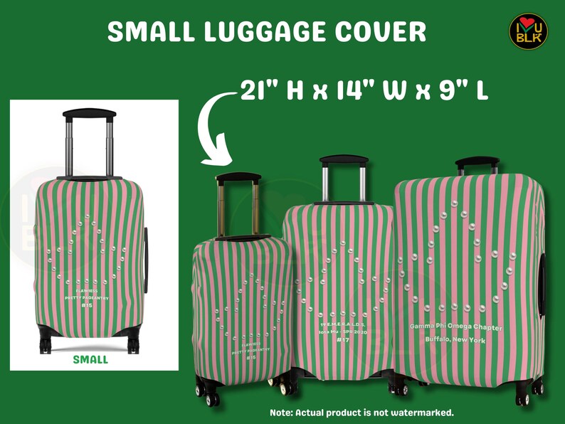 May include: A small luggage cover featuring vertical pink and green stripes with a pearl-like ivy leaf design. The text reads 21" H x 14" W x 9" L, Small, and includes specific chapter details. The cover is shown on three suitcases of varying sizes.