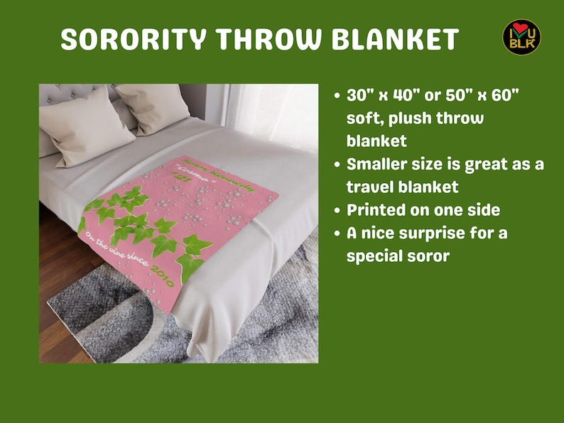 Benutzerdefinierte Sorority Pink Decke Personalisierter Geschenküberwurf Grünes Blatt Decor Bettwäsche Tagesdecke Utensilien Initiationsgeschenk Soror Andenken Bild 5