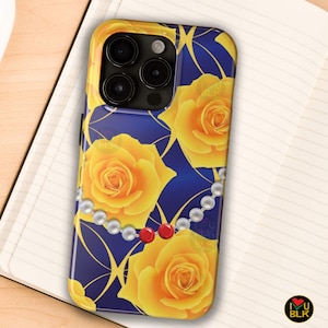 May include: A phone case featuring a design of yellow roses on a blue background with gold accents. A pearl and red bead necklace design is centered on the case. The case has a black camera lens and the text "I U BLK".