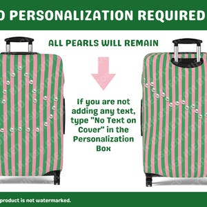 May include: Two upright suitcases featuring a vertical pink and green striped pattern with a diagonal line of white pearls across the front. Text on the image reads: NO PERSONALIZATION REQUIRED, ALL PEARLS WILL REMAIN, and instructions for the box.
