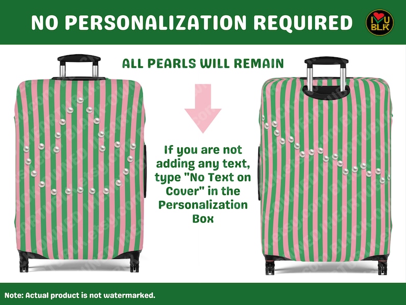 May include: Two upright suitcases featuring a vertical pink and green striped pattern with a diagonal line of white pearls across the front. Text on the image reads: NO PERSONALIZATION REQUIRED, ALL PEARLS WILL REMAIN, and instructions for the box.