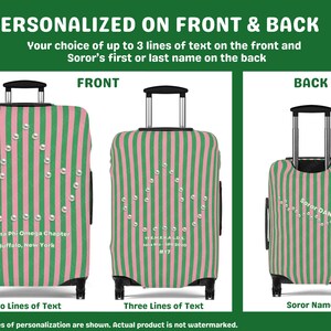 May include: Three suitcases with vertical green and pink stripes, featuring a pearl-like triangular design on the front. The luggage displays customizable text including Gamma Phi Omega Chapter, Buffalo, New York, and Soror DANIELLE.