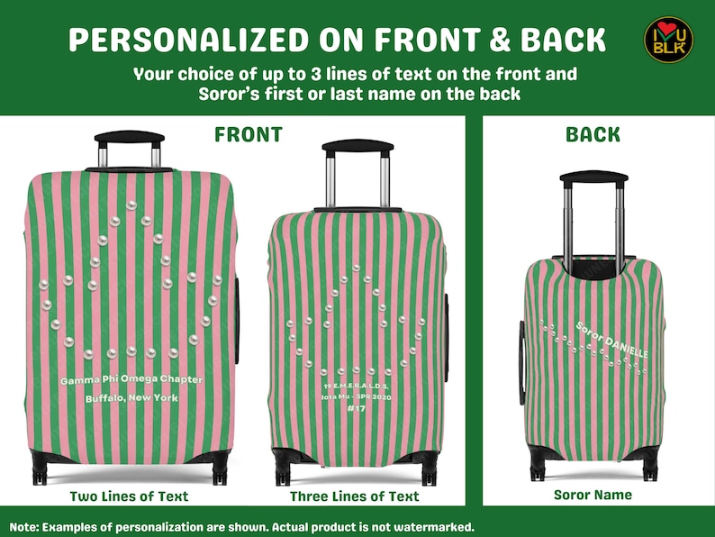 May include: Three suitcases with vertical green and pink stripes, featuring a pearl-like triangular design on the front. The luggage displays customizable text including Gamma Phi Omega Chapter, Buffalo, New York, and Soror DANIELLE.