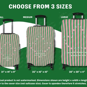 May include: Three suitcases with pink and green vertical stripes, each featuring a pearl-like ivy leaf design. The small suitcase is 21 x 14 x 9 inches, the medium is 25 x 16 x 10 inches, and the large is 28 x 20 x 11 inches, with custom text.