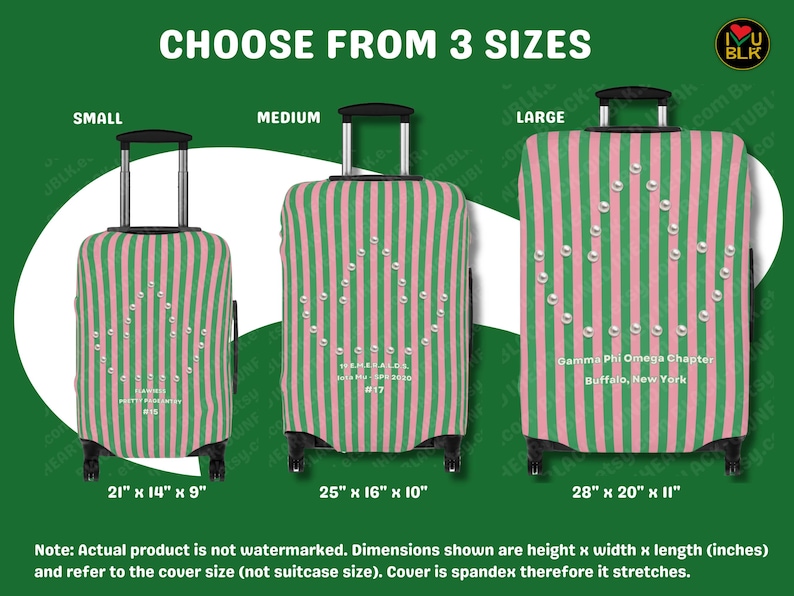 May include: Three suitcases with pink and green vertical stripes, each featuring a pearl-like ivy leaf design. The small suitcase is 21 x 14 x 9 inches, the medium is 25 x 16 x 10 inches, and the large is 28 x 20 x 11 inches, with custom text.